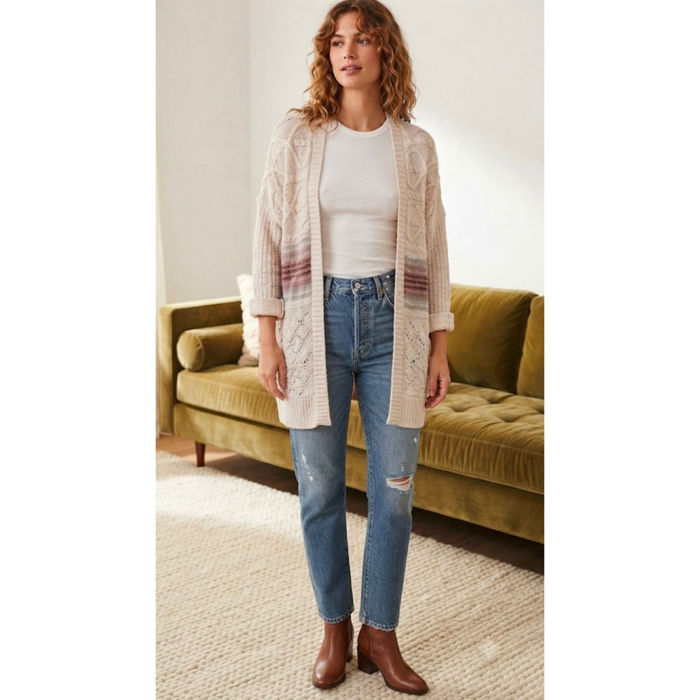 Anthropologie Pilcro Cable Knit Open Front Cardigan Sweater Beige XS/S